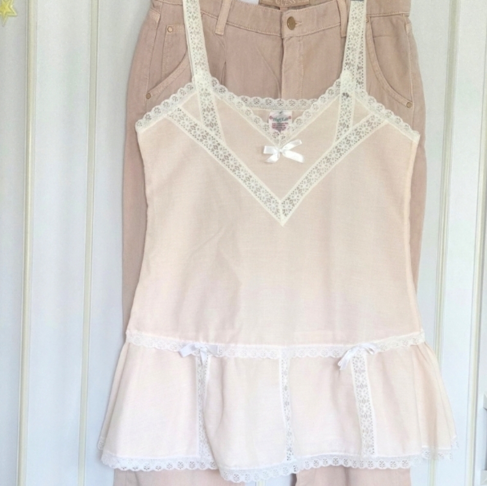 Vintage Cotton Blend Camisole Top With Peplum Lace Trim & Bows- Light Pink- SZ S